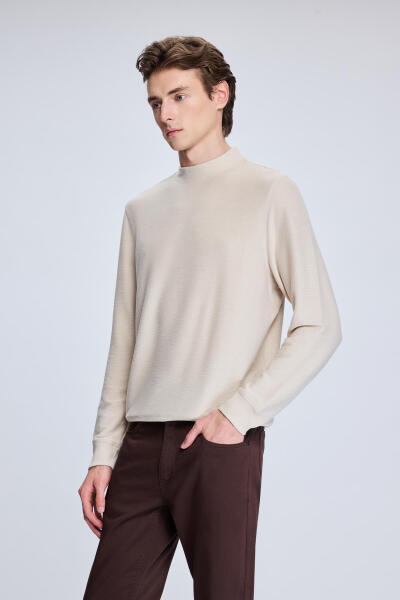 Bej Regular Fit Jakarlı Yarım Balıkçı Yaka Sweatshirt - 3