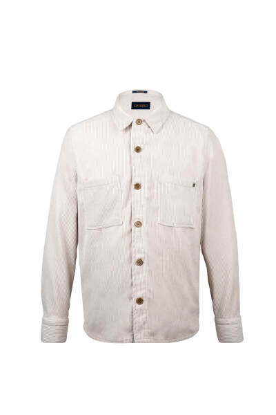 Bej Regular Fit Shacket Uzun Kol Fitilli Kadife Gömlek 