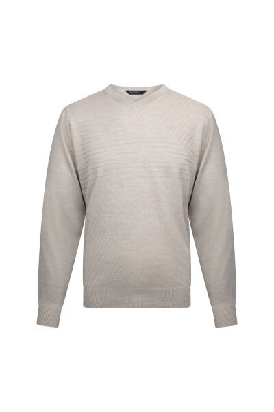 Bej Regular Fit V Yaka Yünlü Triko Kazak 