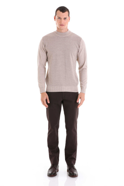 Bej Regular Fit Yarım Balıkçı Yaka Jakarlı Yünlü Triko Kazak - 2