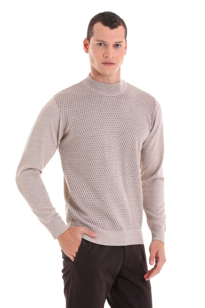 Bej Regular Fit Yarım Balıkçı Yaka Jakarlı Yünlü Triko Kazak - 3