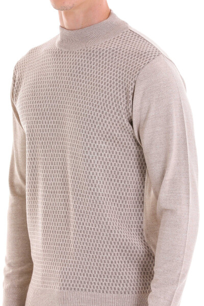 Bej Regular Fit Yarım Balıkçı Yaka Jakarlı Yünlü Triko Kazak - 5