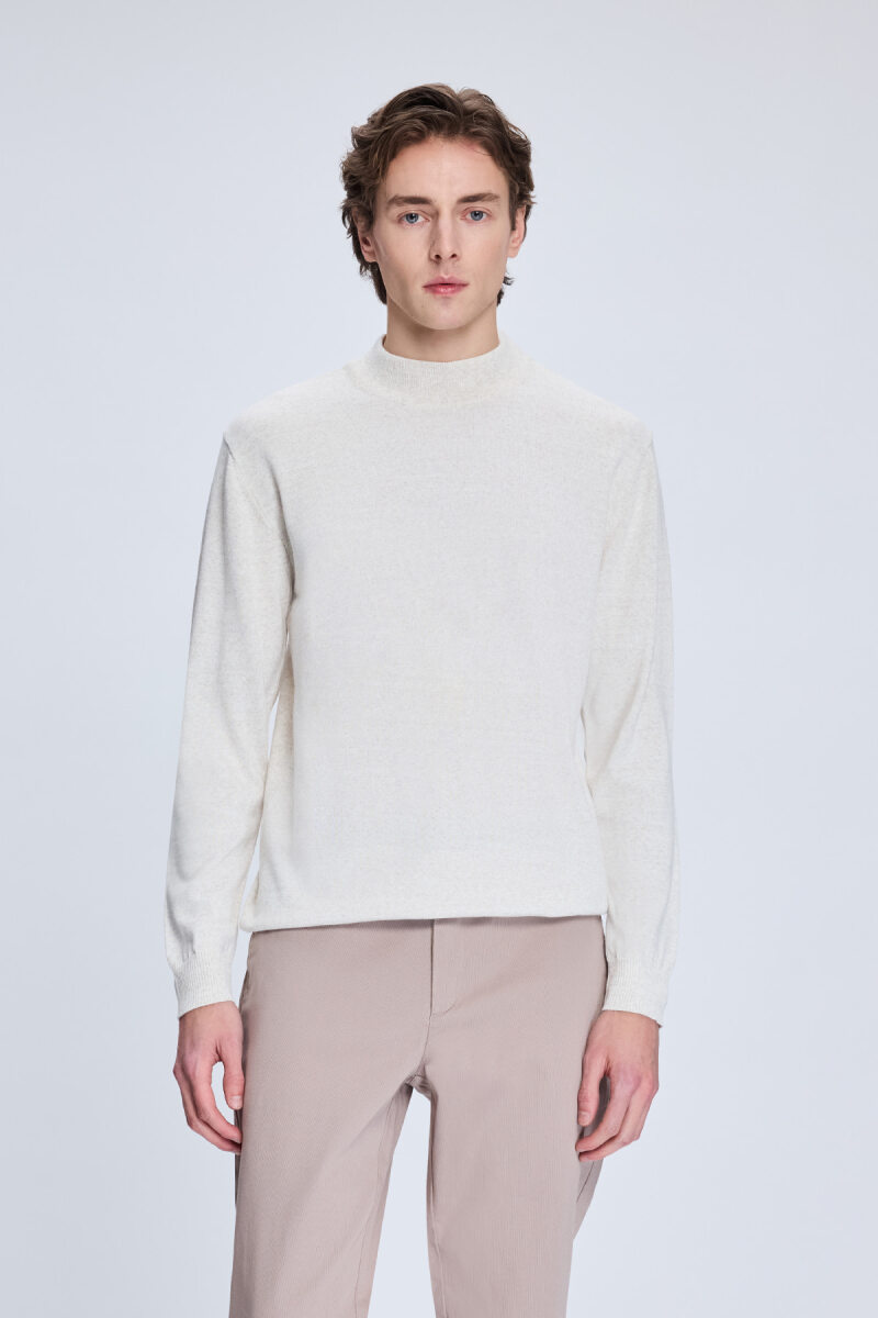 Bej Regular Fit Yarım Balıkçı Yaka Yünlü Triko Kazak - Hatemoğlu