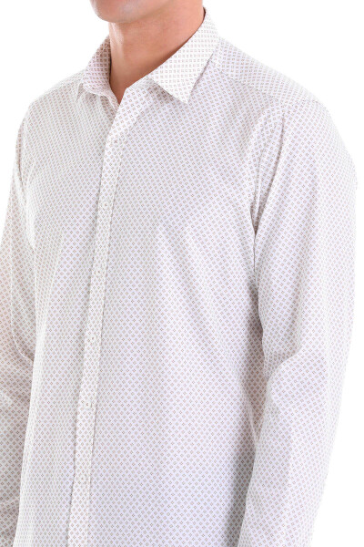 Bej Slim Fit Baskılı 100% Pamuk Slim Yaka Uzun Kollu Casual Gömlek - 5