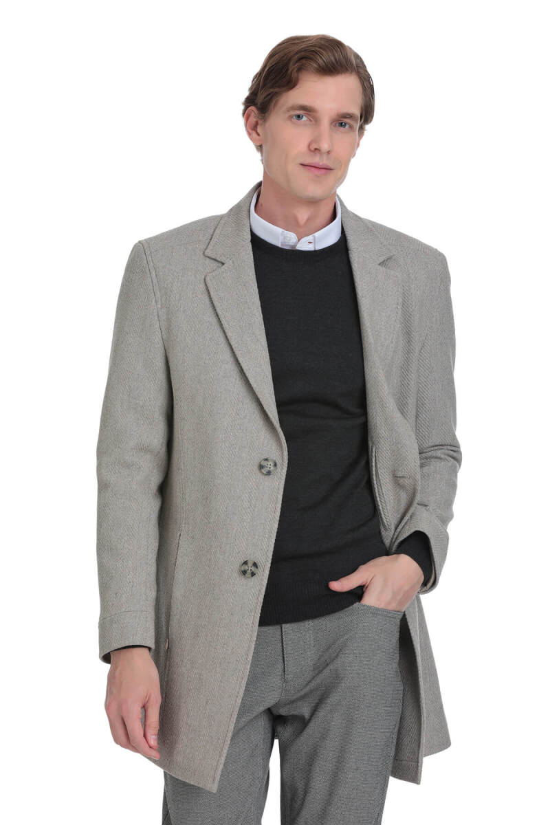 Bej Slim Fit Ceket Yaka Yünlü Kaşe Palto - Saykı