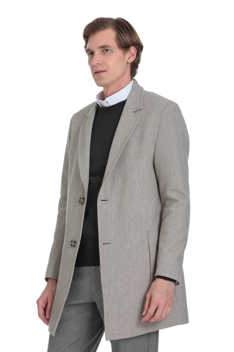 Bej Slim Fit Ceket Yaka Yünlü Kaşe Palto - Saykı (1)