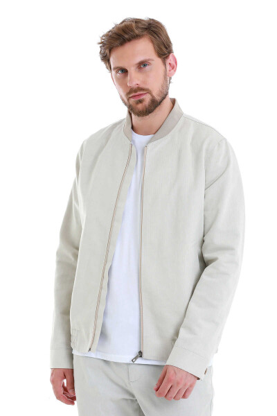 Bej Slim Fit Çizgili Dik Yaka Basic Mevsimlik Mont - 1