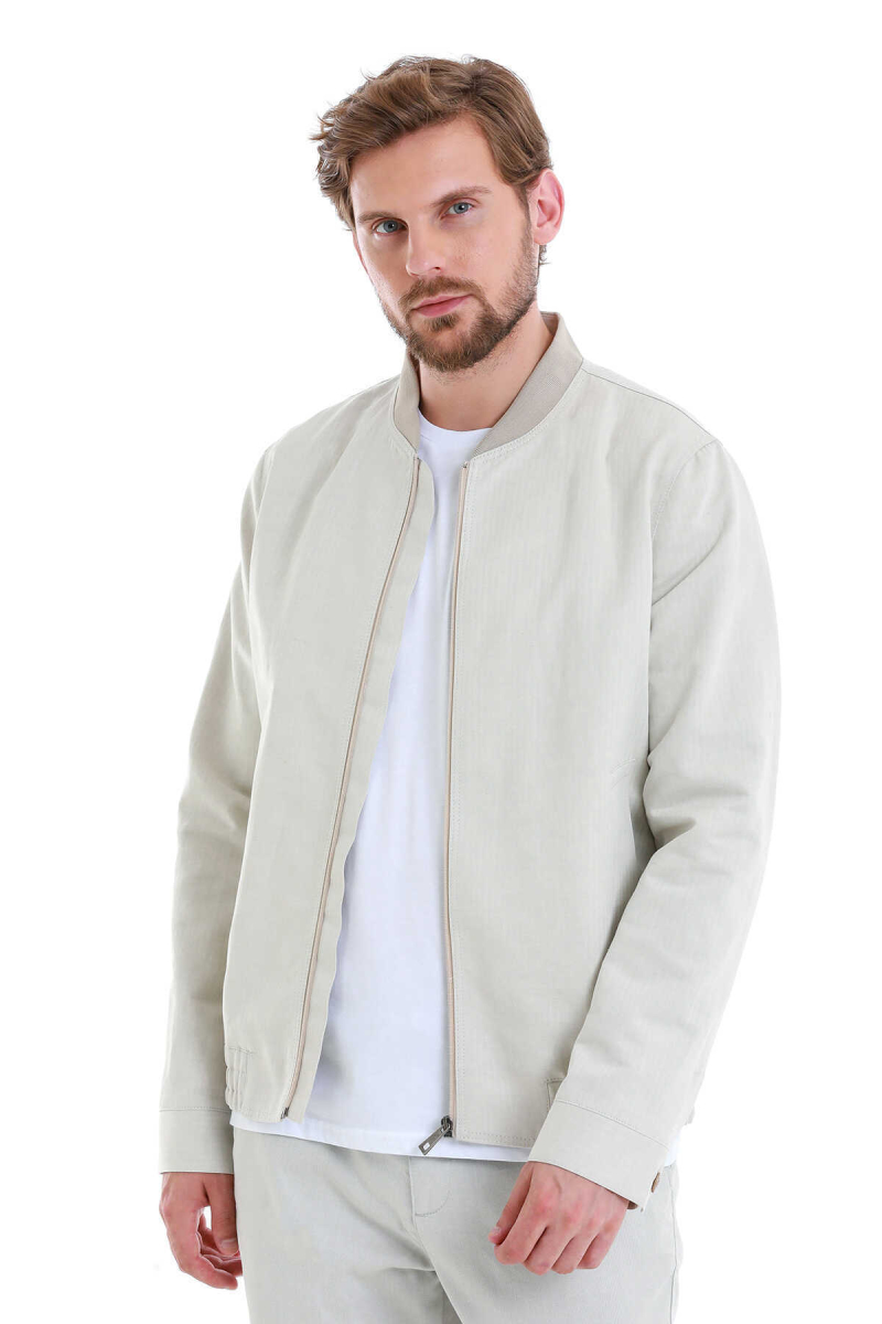 Bej Slim Fit Çizgili Dik Yaka Basic Mevsimlik Mont - Hatem Saykı