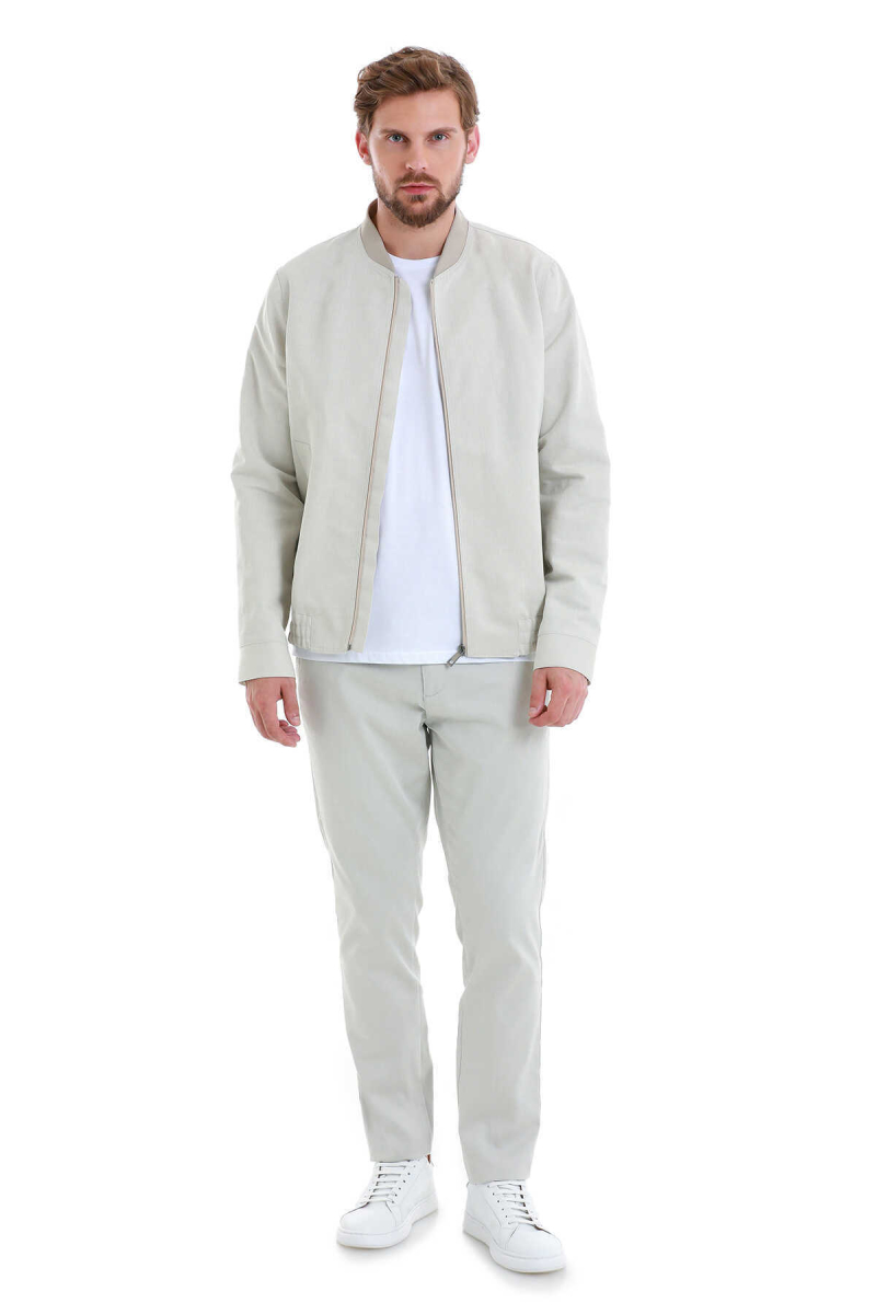 Bej Slim Fit Çizgili Dik Yaka Basic Mevsimlik Mont - Hatem Saykı (1)