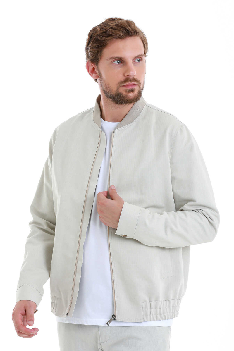 Bej Slim Fit Çizgili Dik Yaka Basic Mevsimlik Mont - Hatem Saykı (1)