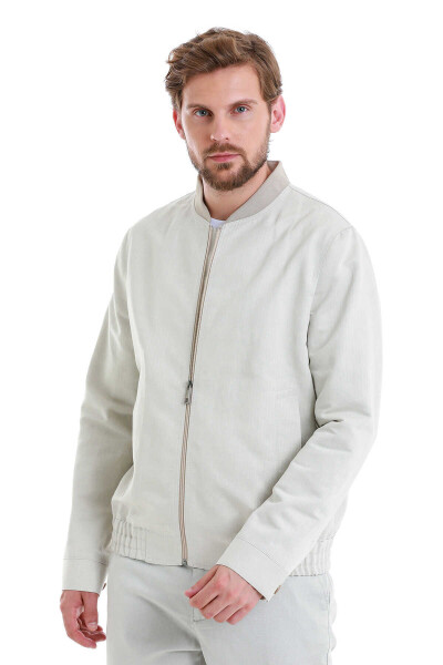 Bej Slim Fit Çizgili Dik Yaka Basic Mevsimlik Mont - 4