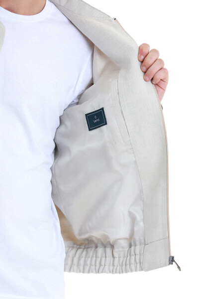 Bej Slim Fit Çizgili Dik Yaka Basic Mevsimlik Mont - 5