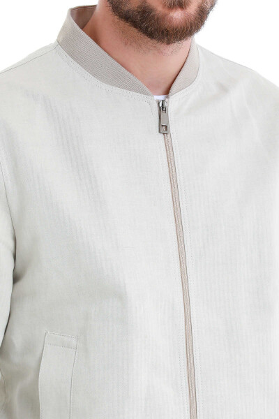 Bej Slim Fit Çizgili Dik Yaka Basic Mevsimlik Mont - 6