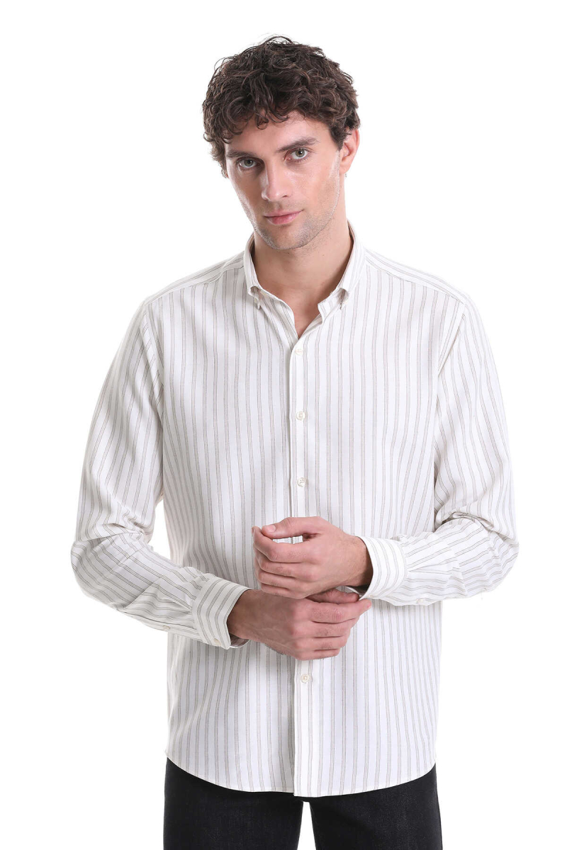 Bej Slim Fit Çizgili Dik Yaka Pamuklu Uzun Kollu Casual Gömlek - Hatemoğlu