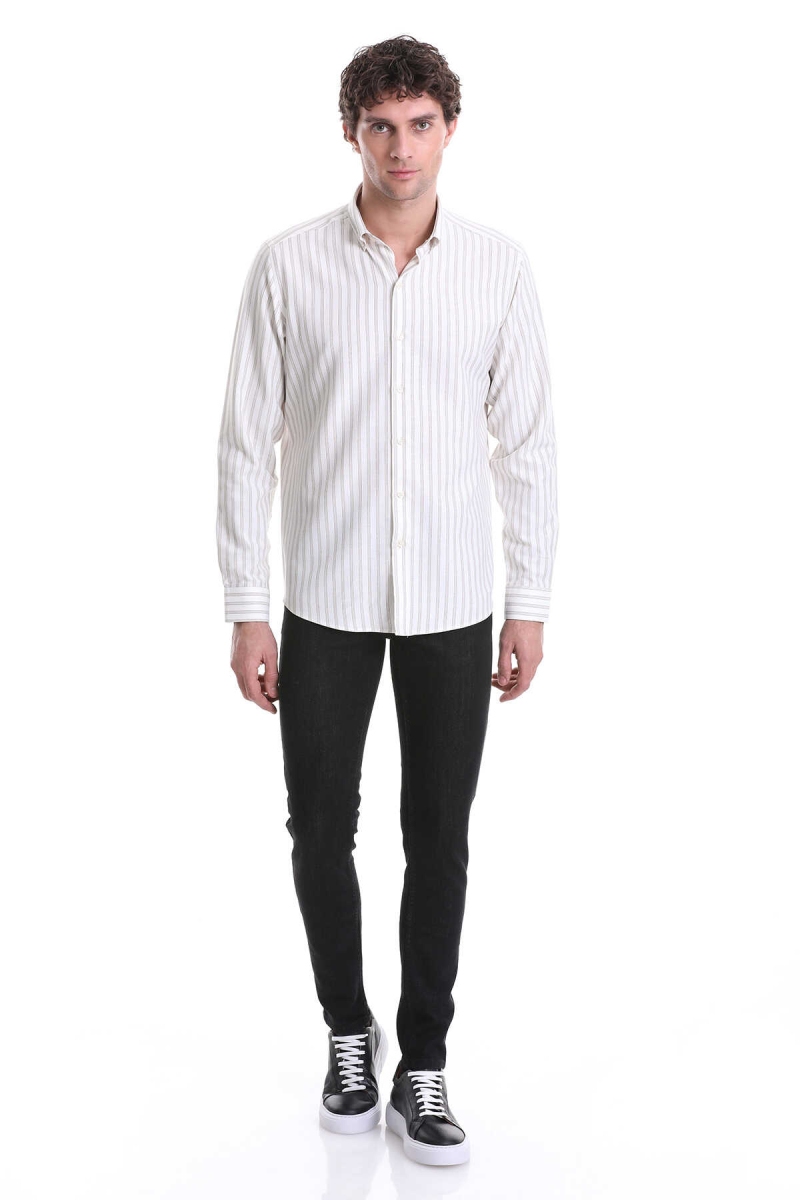 Bej Slim Fit Çizgili Dik Yaka Pamuklu Uzun Kollu Casual Gömlek - Hatemoğlu (1)
