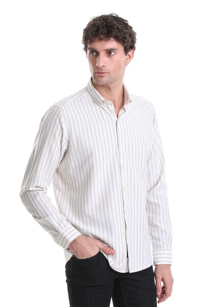 Bej Slim Fit Çizgili Dik Yaka Pamuklu Uzun Kollu Casual Gömlek - 3