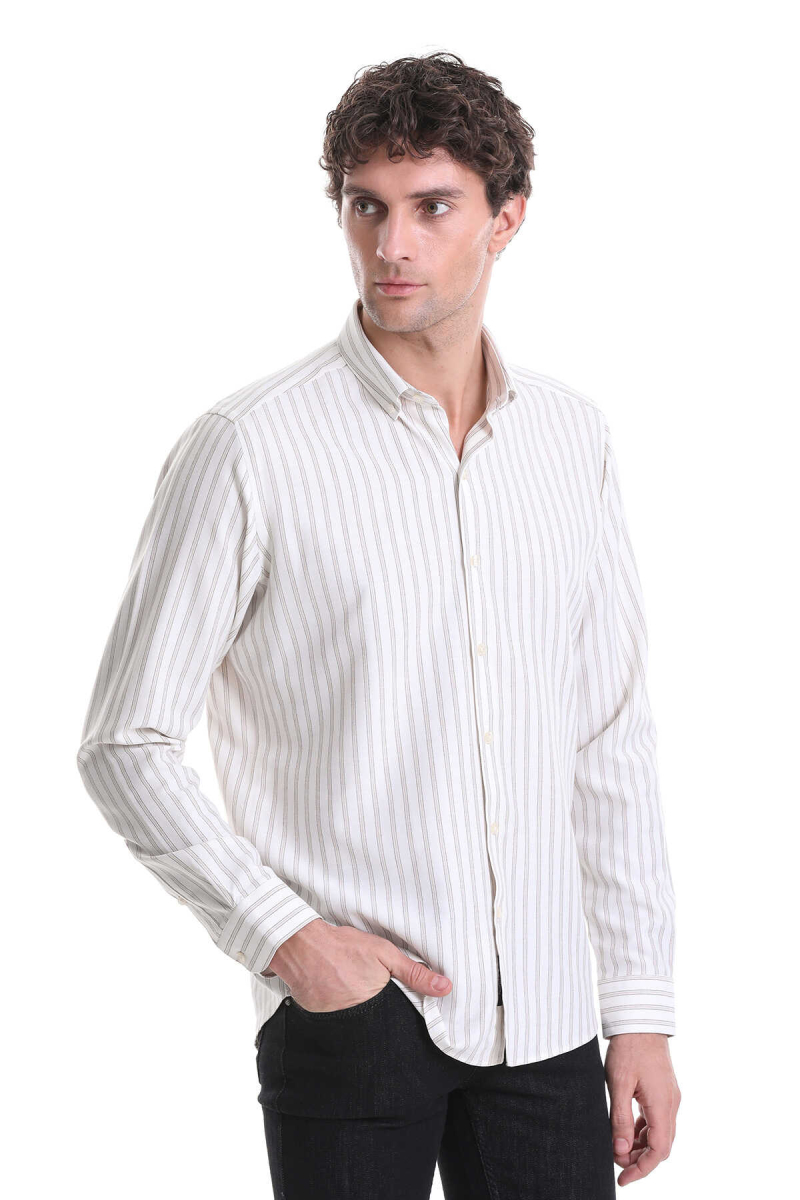 Bej Slim Fit Çizgili Dik Yaka Pamuklu Uzun Kollu Casual Gömlek - Hatemoğlu (1)