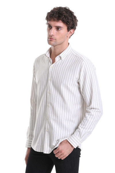 Bej Slim Fit Çizgili Dik Yaka Pamuklu Uzun Kollu Casual Gömlek - 4