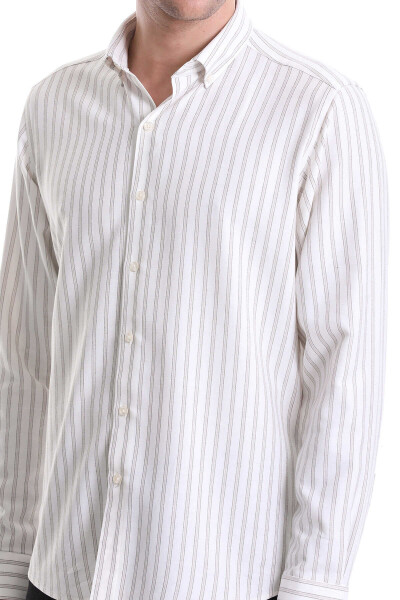 Bej Slim Fit Çizgili Dik Yaka Pamuklu Uzun Kollu Casual Gömlek - 5
