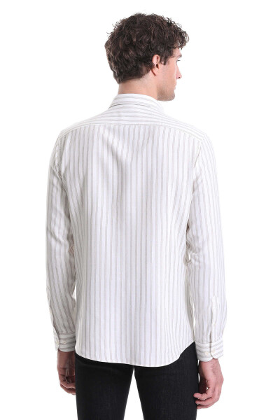 Bej Slim Fit Çizgili Dik Yaka Pamuklu Uzun Kollu Casual Gömlek - 6