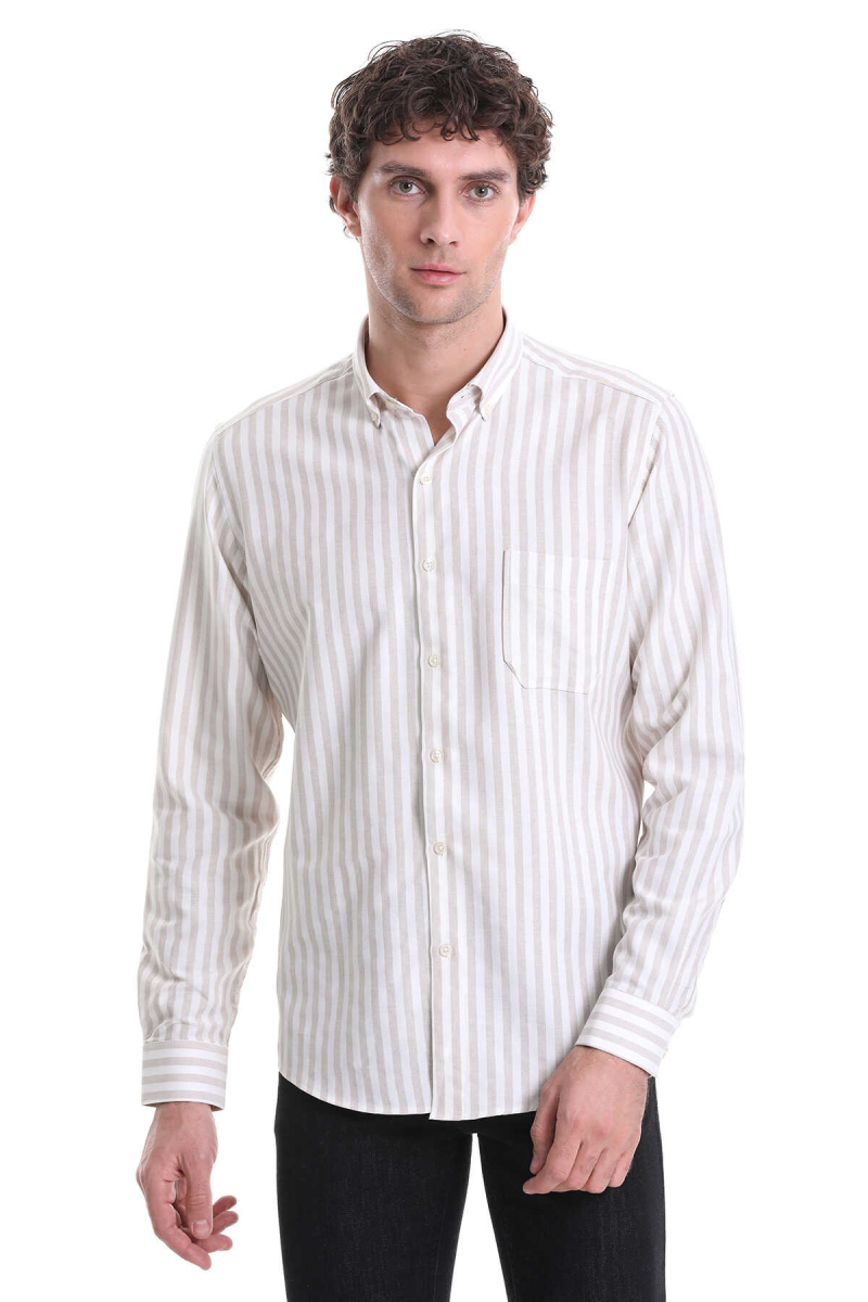 Bej Slim Fit Çizgili Dik Yaka Pamuklu Uzun Kollu Casual Gömlek - Hatemoğlu