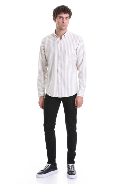 Bej Slim Fit Çizgili Dik Yaka Pamuklu Uzun Kollu Casual Gömlek - 2