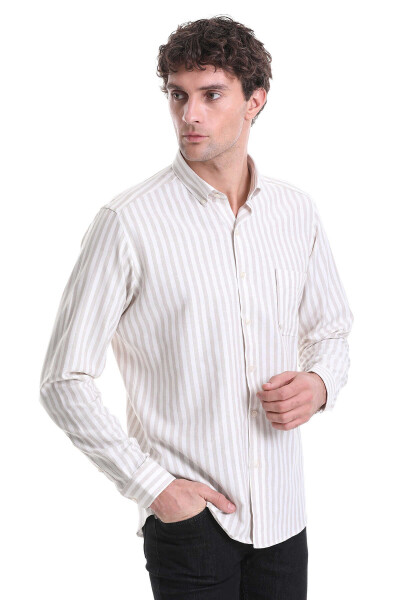 Bej Slim Fit Çizgili Dik Yaka Pamuklu Uzun Kollu Casual Gömlek - 3