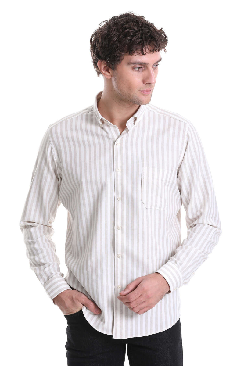Bej Slim Fit Çizgili Dik Yaka Pamuklu Uzun Kollu Casual Gömlek - Hatemoğlu (1)