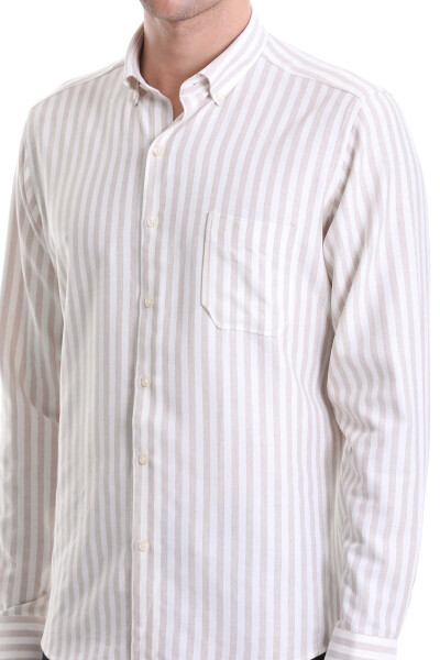 Bej Slim Fit Çizgili Dik Yaka Pamuklu Uzun Kollu Casual Gömlek - 5