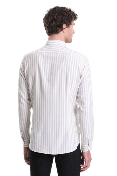 Bej Slim Fit Çizgili Dik Yaka Pamuklu Uzun Kollu Casual Gömlek - 6