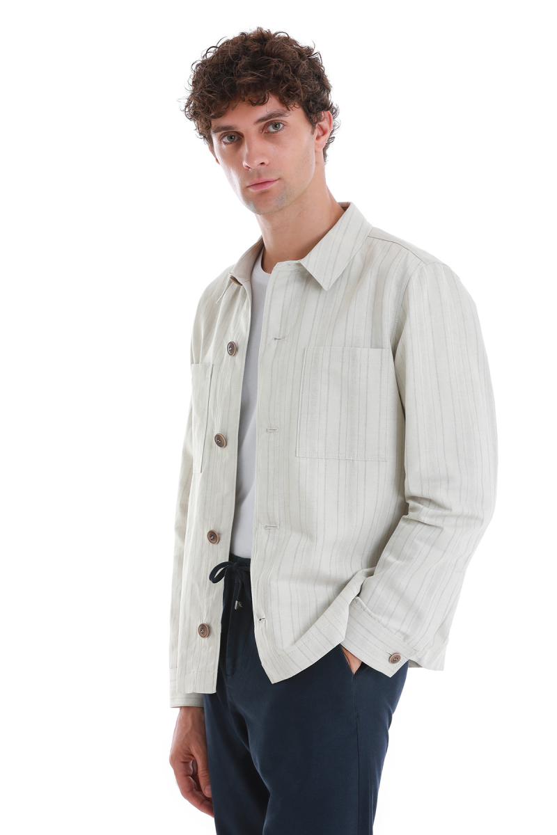 Bej Barron Slim Fit Çizgili Mono Yaka Klasik Keten Ceket - Hatem Saykı