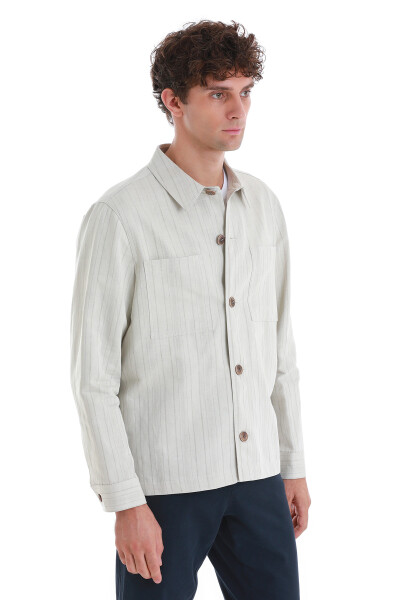 Bej Barron Slim Fit Çizgili Mono Yaka Klasik Keten Ceket - 3