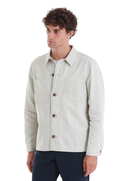 Bej Barron Slim Fit Çizgili Mono Yaka Klasik Keten Ceket - 4