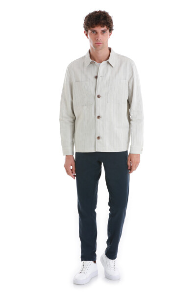 Bej Barron Slim Fit Çizgili Mono Yaka Klasik Keten Ceket - 5