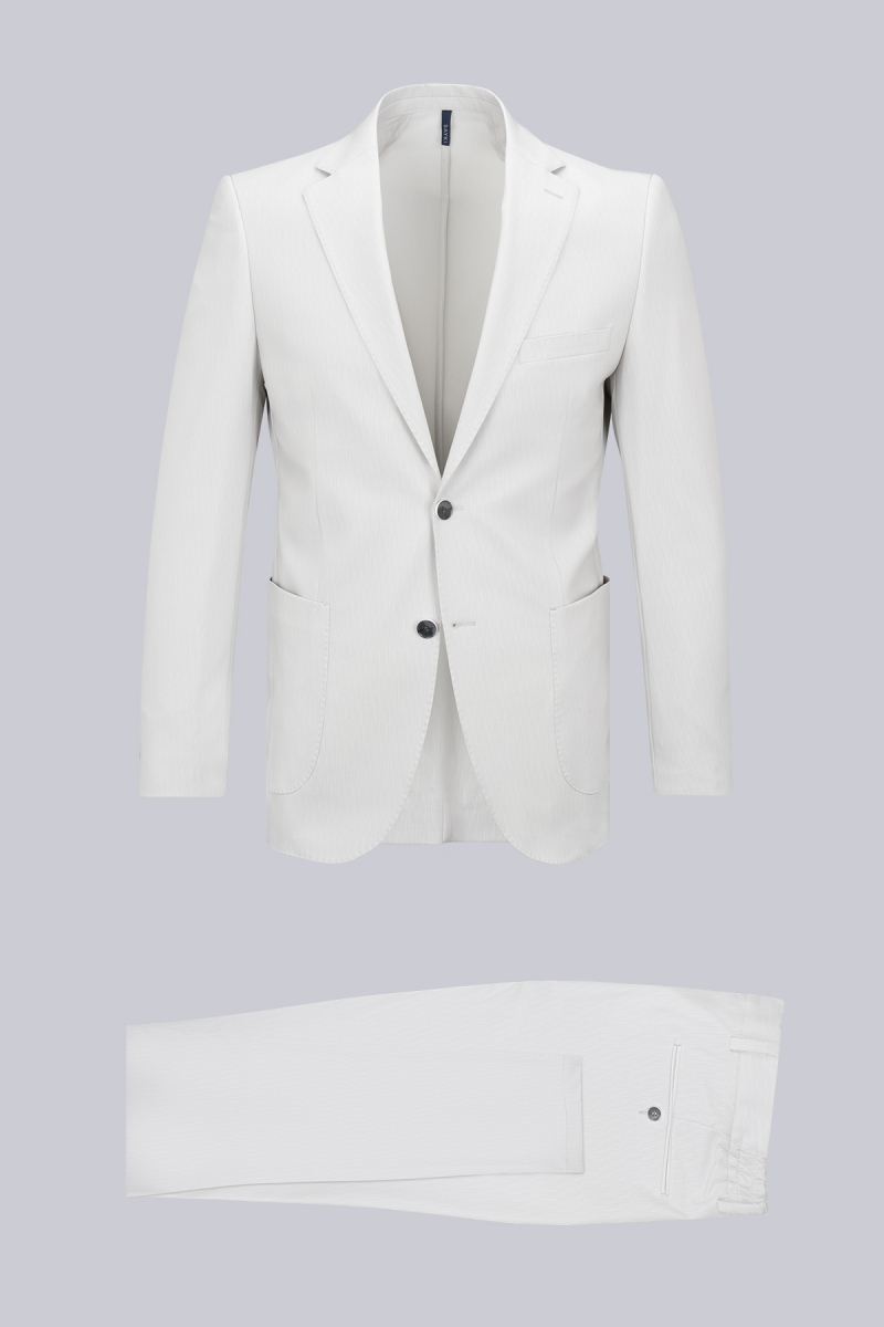 Bej Slim Fit Çizgili Mono Yaka Takım Elbise - Saykı