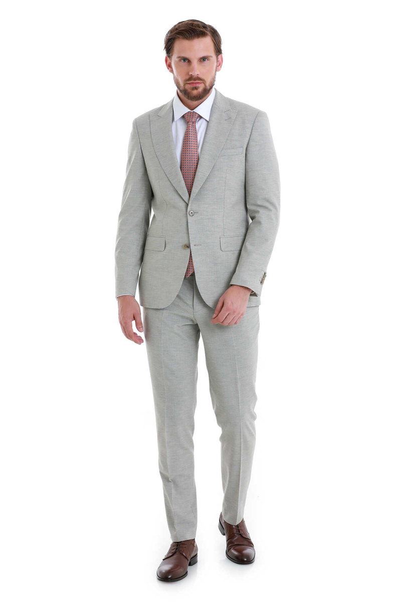 Bej Slim Fit Çizgili Sivri Yaka Klasik Takım Elbise - Hatem Saykı