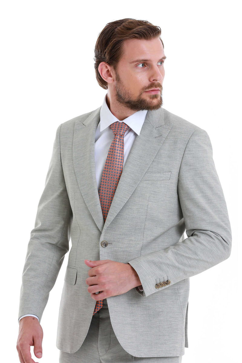 Bej Slim Fit Çizgili Sivri Yaka Klasik Takım Elbise - Hatem Saykı (1)