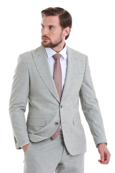 Bej Slim Fit Çizgili Sivri Yaka Klasik Takım Elbise - 4