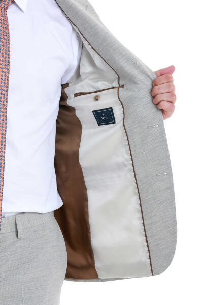 Bej Slim Fit Çizgili Sivri Yaka Klasik Takım Elbise - 5