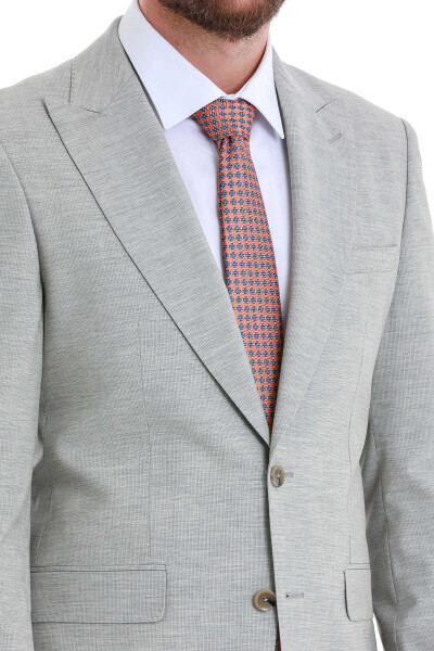 Bej Slim Fit Çizgili Sivri Yaka Klasik Takım Elbise - 6