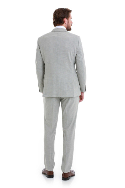 Bej Slim Fit Çizgili Sivri Yaka Klasik Takım Elbise - 7