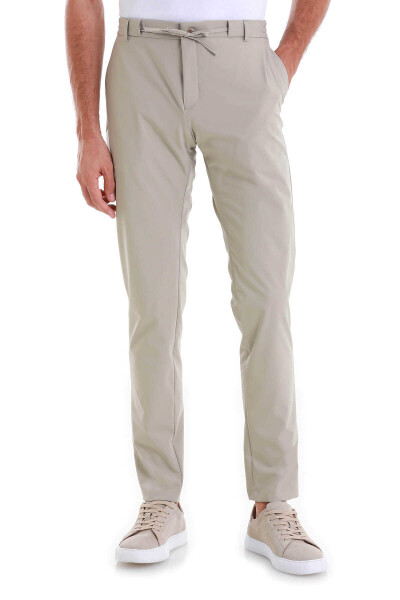 Bej Slim Fit Çizgili Yandan Cepli Jogger Pantolon - 2