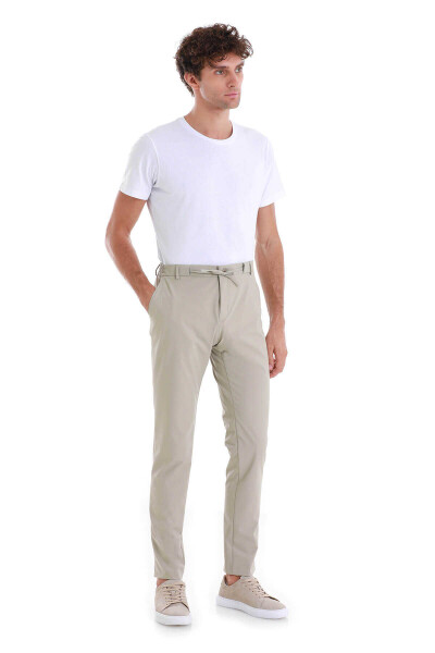 Bej Slim Fit Çizgili Yandan Cepli Jogger Pantolon 