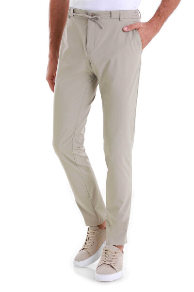 Bej Slim Fit Çizgili Yandan Cepli Jogger Pantolon - 3