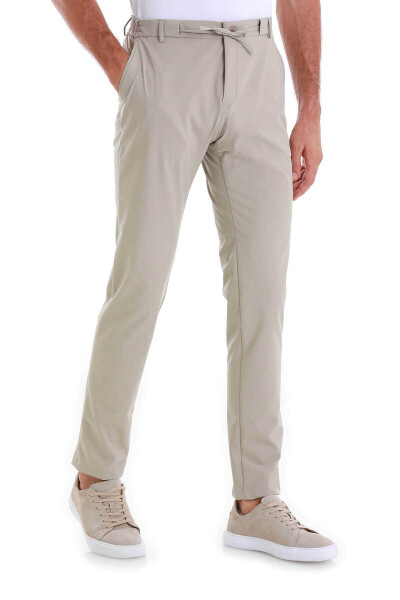 Bej Slim Fit Çizgili Yandan Cepli Jogger Pantolon - 4