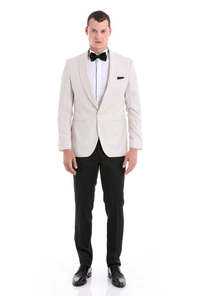 Bej Slim Fit Şal Yaka Desenli Klasik Damatlık 