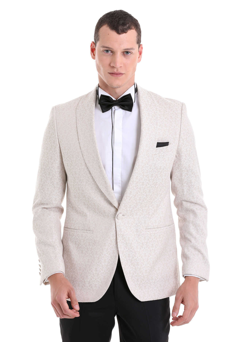 Bej Slim Fit Şal Yaka Desenli Klasik Damatlık - Hatem Saykı (1)