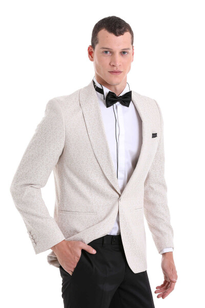 Bej Slim Fit Şal Yaka Desenli Klasik Damatlık - 3