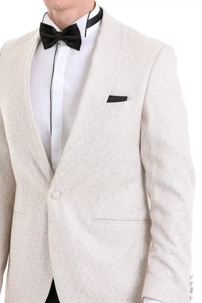 Bej Slim Fit Şal Yaka Desenli Klasik Damatlık - 4