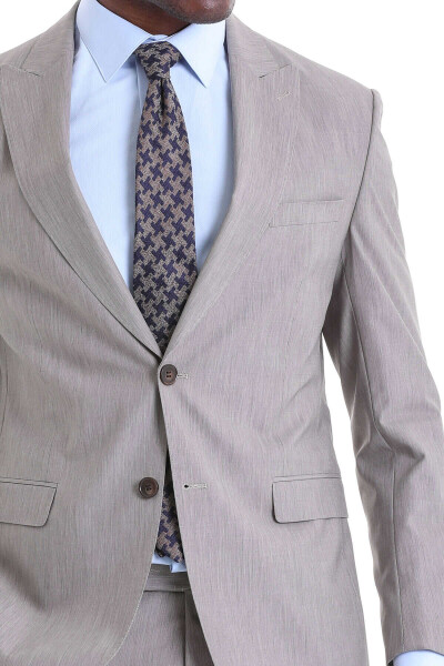 Bej Slim Fit Desenli Sivri Yaka Klasik Takım Elbise - 5